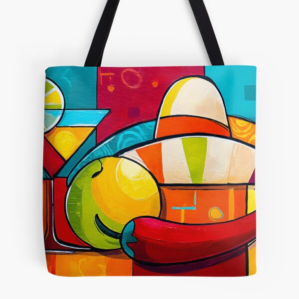 Item preview, Cinco de Mayo Cocktail with Lime Sombrero Chili Pepper and Fruit in a Bright Geometric Fiesta Scene Abstract Digital AI Art designed and sold by OlfactoART Studio.