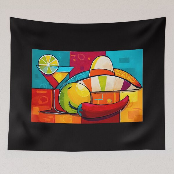 Item preview, Cinco de Mayo Cocktail with Lime Sombrero Chili Pepper and Fruit in a Bright Geometric Fiesta Scene Abstract Digital AI Art designed and sold by OlfactoART Studio.