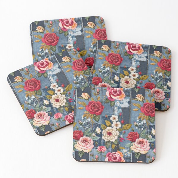 Item preview, Vintage Denim Blue Jean Patchwork With Roses And Wildlfower Embroidery designed and sold by CarrollGene.
