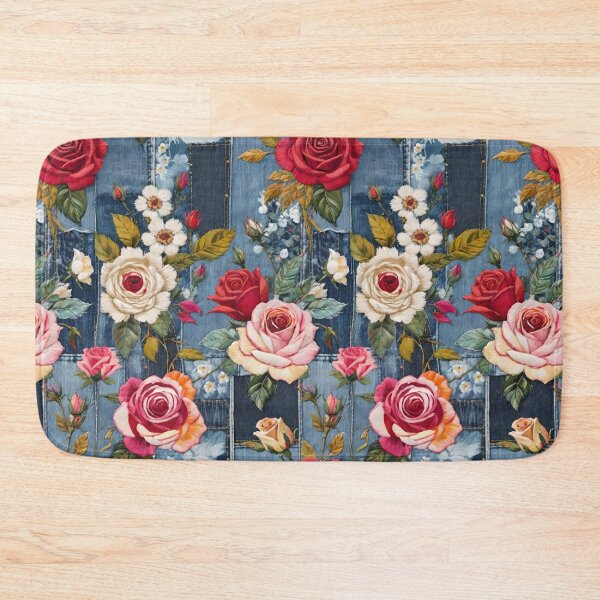 Item preview, Vintage Denim Blue Jean Patchwork With Roses And Wildlfower Embroidery designed and sold by CarrollGene.