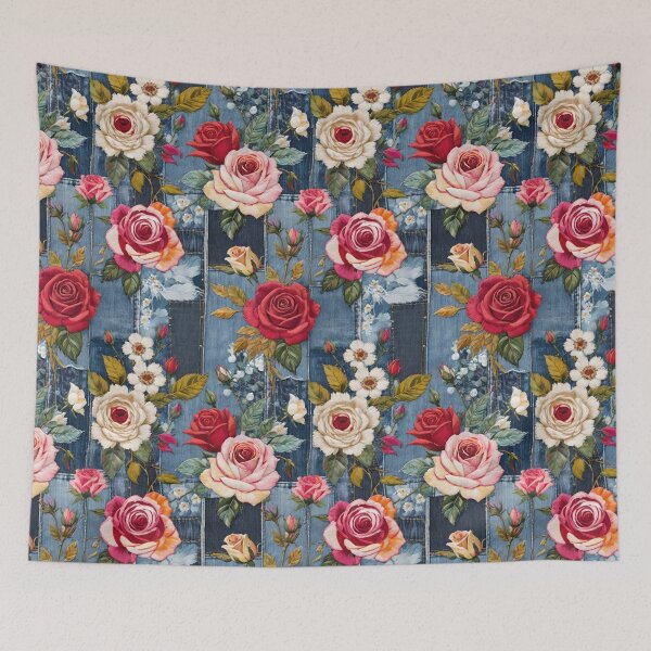 Item preview, Vintage Denim Blue Jean Patchwork With Roses And Wildlfower Embroidery designed and sold by CarrollGene.