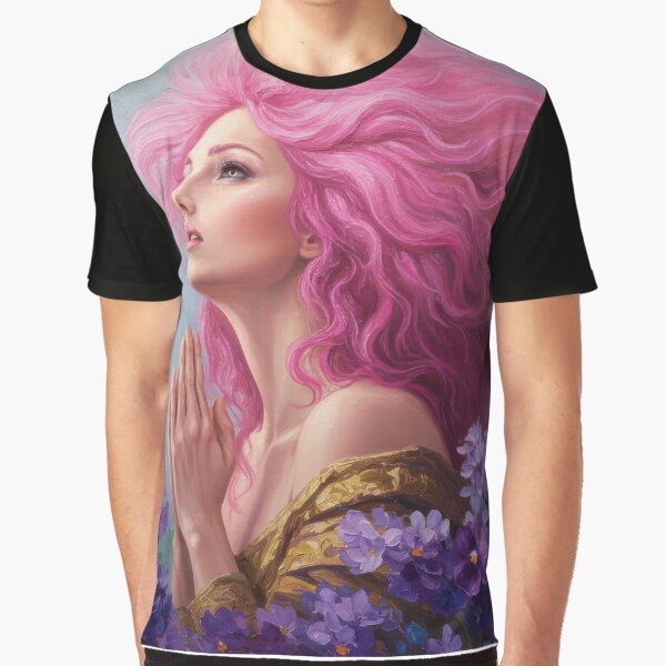 Item preview, Hopeful Gaze: Pink-Haired Woman Praying in Purple Flowers designed and sold by JesusBrush.