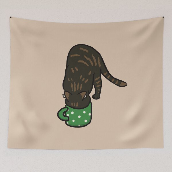 Item preview, Cat drinking from a mug dark brown cat designed and sold by mangopuffstudio.