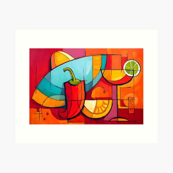 Aperçu de l'œuvre Célébration du Cinco de Mayo avec Sombrero, piment, citron et cocktail aux couleurs géométriques audacieuses créée et vendue par OlfactoART Studio.