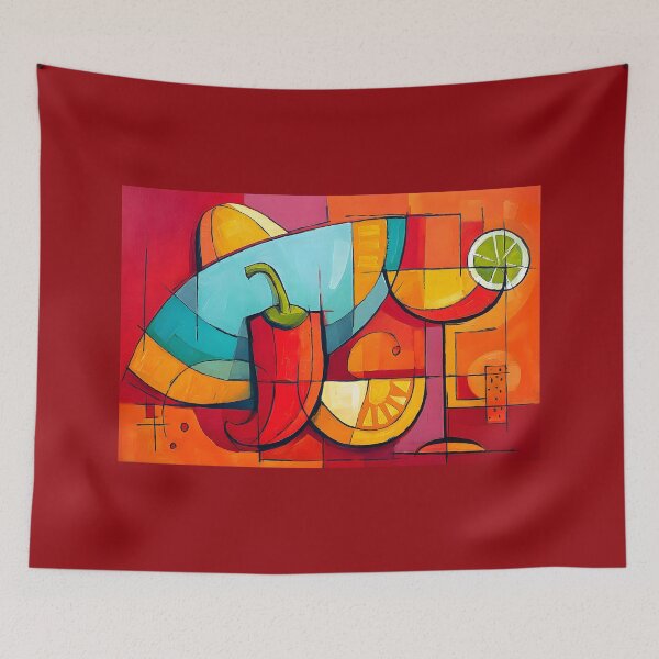 Item preview, Cinco de Mayo Celebration with Sombrero Chili Pepper Lemon and Cocktail in Bold Geometric Colors designed and sold by OlfactoART Studio.