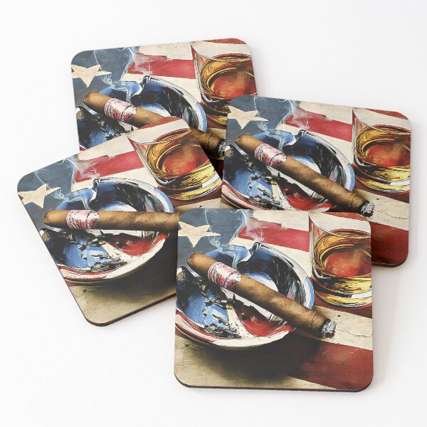 Item preview, 4th of July Whiskey and Cigar with Curling Smoke on American Flag Patriotic Background designed and sold by OlfactoART Studio.