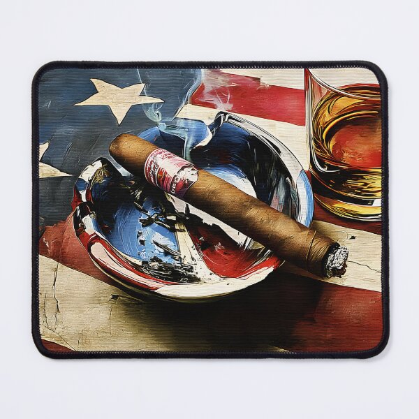 Item preview, 4th of July Whiskey and Cigar with Curling Smoke on American Flag Patriotic Background designed and sold by OlfactoART Studio.