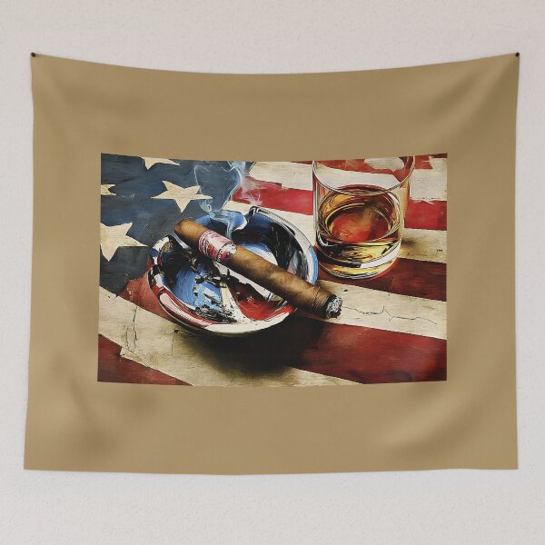 Item preview, 4th of July Whiskey and Cigar with Curling Smoke on American Flag Patriotic Background designed and sold by OlfactoART Studio.