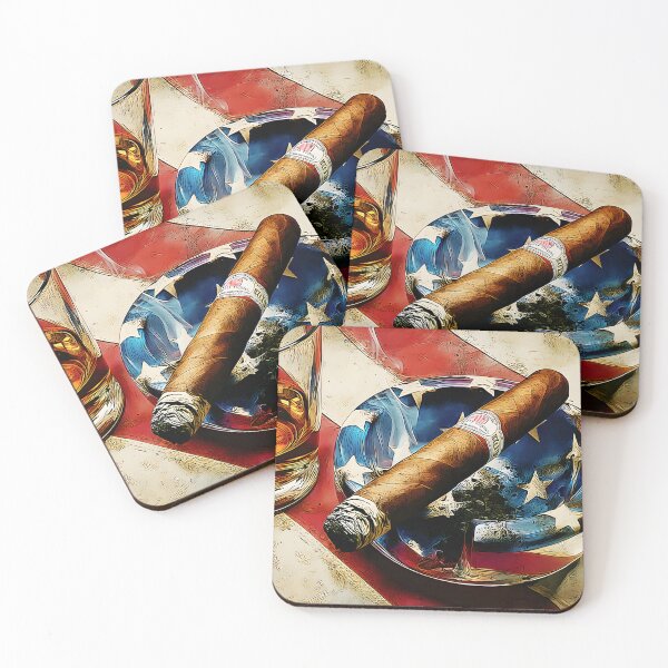 Item preview, Embrace the Essence of Classic Americana: 4th of July Scene with Smoldering Cigar Star Ashtray and Whiskey Glass Framed by the American Flag designed and sold by OlfactoART Studio.