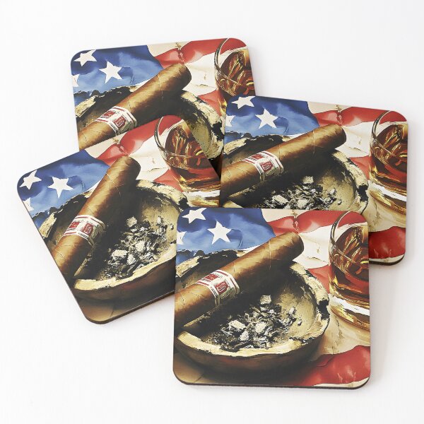Item preview, 4th of July Whiskey and Cigar with American Flag Backdrop Celebrating Timeless Patriotism designed and sold by OlfactoART Studio.