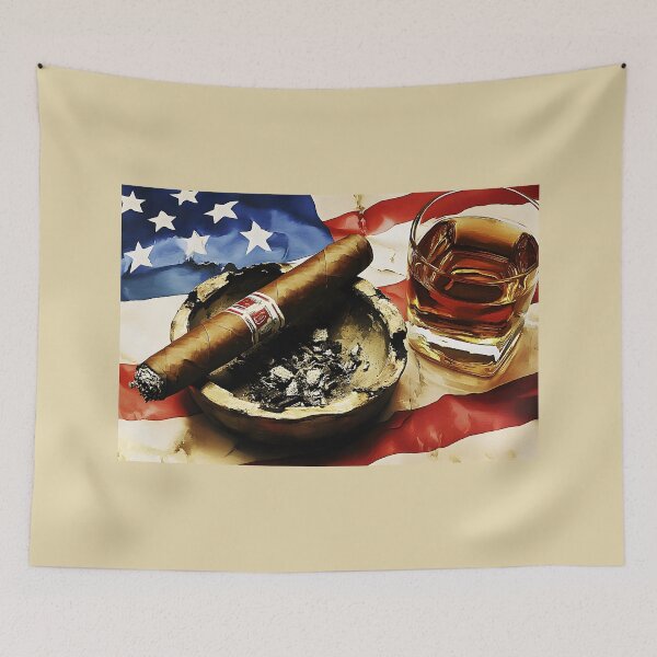 Item preview, 4th of July Whiskey and Cigar with American Flag Backdrop Celebrating Timeless Patriotism designed and sold by OlfactoART Studio.