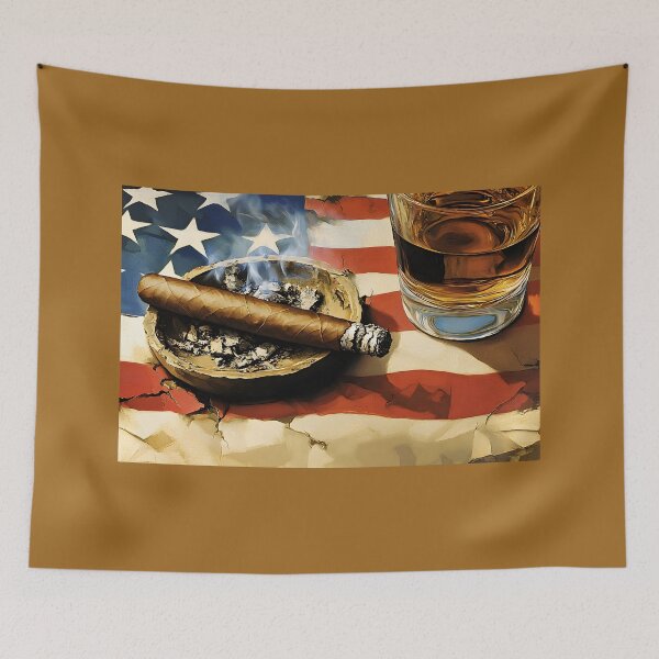 Item preview, US Independence Day Relaxation with Smoldering Cigar Whiskey Glass and American Flag Backdrop designed and sold by OlfactoART Studio.