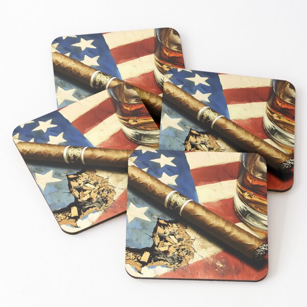 Item preview, Freedom with Flair: 4th of July Americana with Whiskey and Cigar on Rustic American Flag for a Bold Patriotic Tribute designed and sold by OlfactoART Studio.