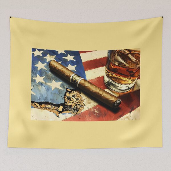 Item preview, Freedom with Flair: 4th of July Americana with Whiskey and Cigar on Rustic American Flag for a Bold Patriotic Tribute designed and sold by OlfactoART Studio.