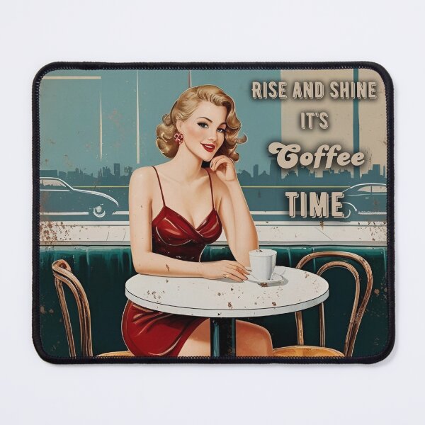 Item preview, Retro Coffee Lover Art – "Rise and Shine It's Coffee Time" – Vintage Blonde Woman Illustration designed and sold by All-About-Life.