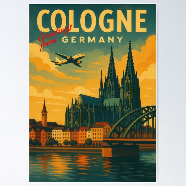 Item preview, Traveling COLOGNE Germany - Vintage Poster and Greeting Card designed and sold by Kingdom of the Fly Design.