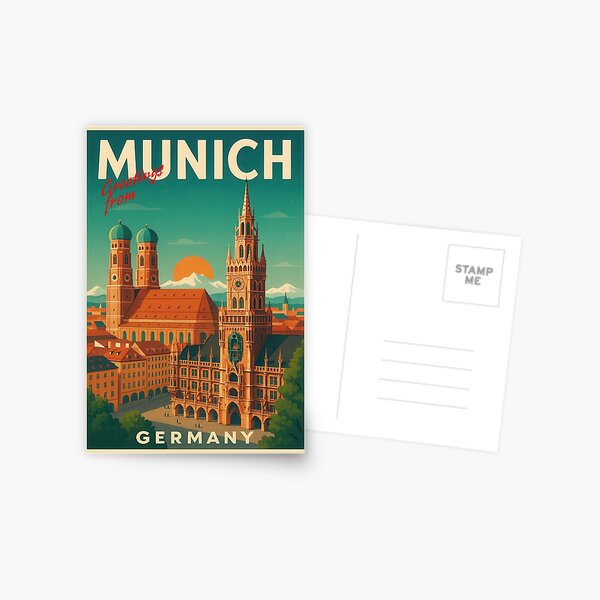 Vista previa del artículo con la obra «Póster vintage y tarjeta de felicitación de viaje a Múnich, Alemania», diseñado y vendido por Earth Celebration Designs.
