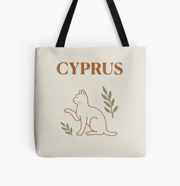 Aperçu de l'œuvre Sac fourre-tout et autocollant Chypre – L'Île aux chats | Motif minimaliste de chat avec branche d'olivier créée et vendue par CreationbyNiki.