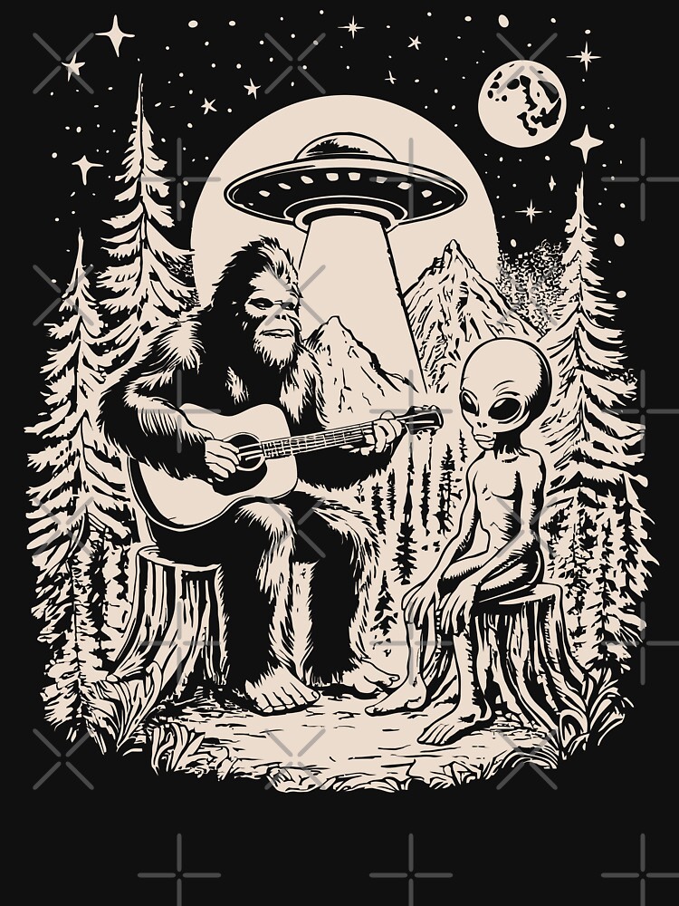 Thumbnail 7 of 7, Essential T-Shirt, Bigfoot Playing Guitar With Alien UFO Vintage Camping designed and sold by CutenessKlub.