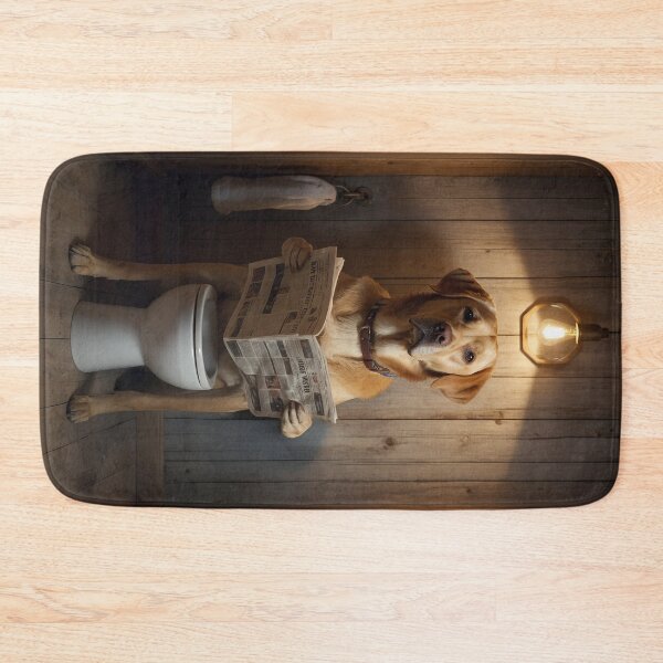 Item preview, Yellow Labrador Dog Reading Newspaper in Bathroom designed and sold by vk09.