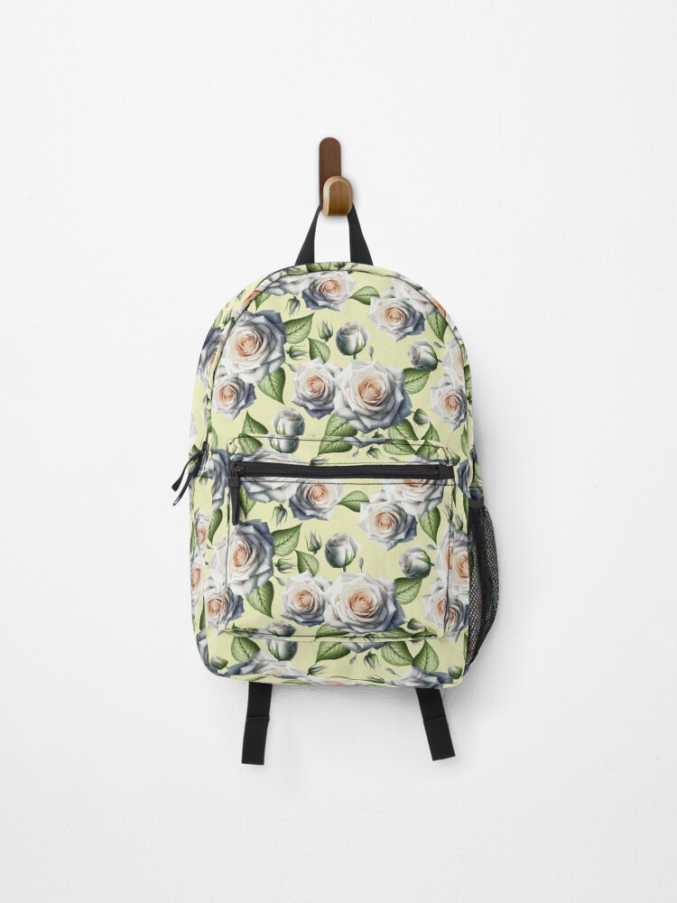 Thumbnail 1 of 3, Backpack, White Roses Pattern On Yellow designed and sold by AyeshasDesigns.
