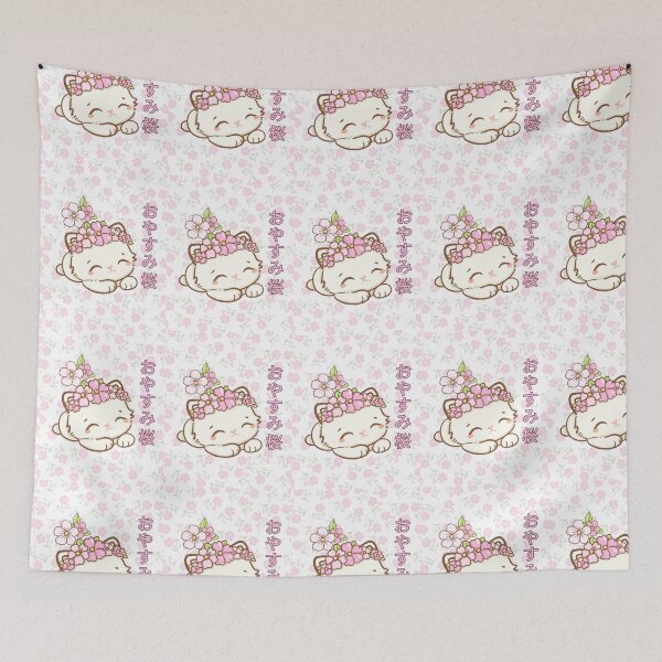 Item preview, Cute cream cat kitten sleeping, oyasumi sakura, good night cherry blossom, love, flowers, kawaii, sakura, spring cat  designed and sold by Coolparrotgirl.