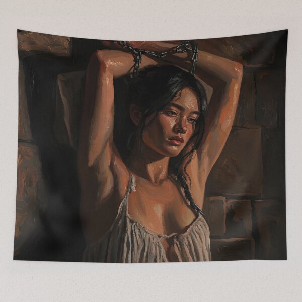 Item preview, Girl in a dungeon with her arms chained above her head vintage Expressionist painting art designed and sold by Vintage Designs +.