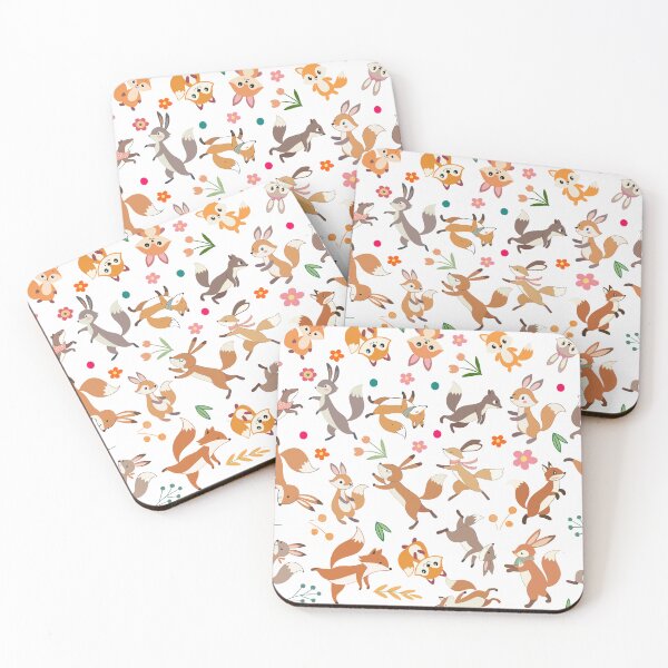 Item preview, Seamless watercolor pattern of playful bunnies, foxes, and squirrels dancing , in boho ribbons and summer florals designed and sold by CreativebyTKK.