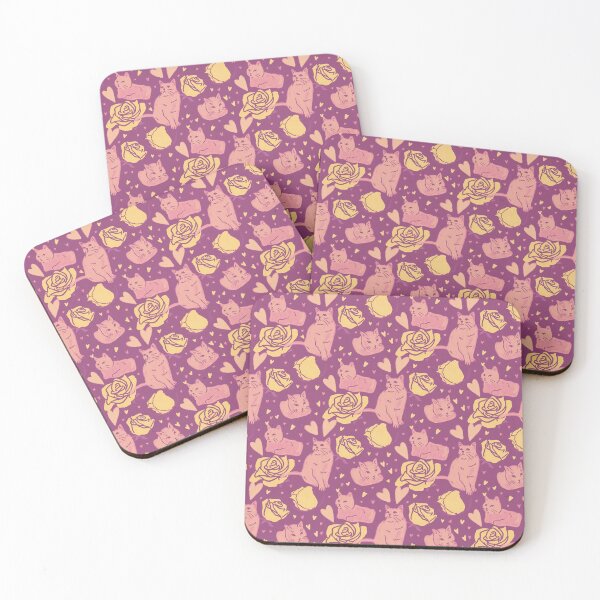 Item preview, Peach cats and yellow roses pattern in dark pink background designed and sold by mangopuffstudio.