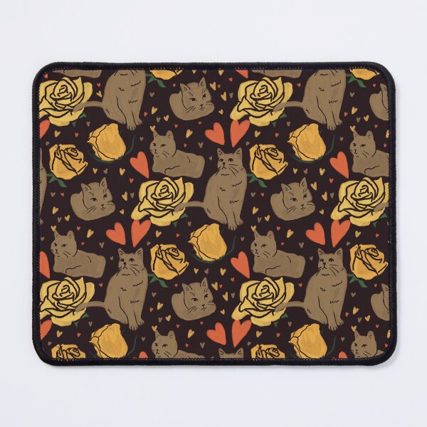 Item preview, Brown cats and yellow roses pattern in dark background colorful designed and sold by mangopuffstudio.