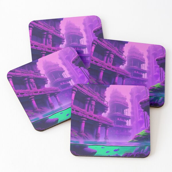 Item preview, Lofi Art of Vapor Wave Sunken City Underwater Ruins in Purple and Green designed and sold by DreamCraze.
