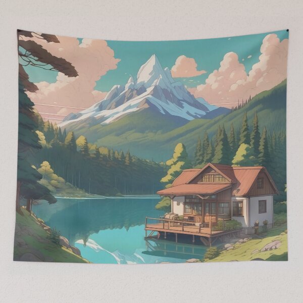 Item preview, Cozy Lofi Mountain Lake House designed and sold by DreamCraze.