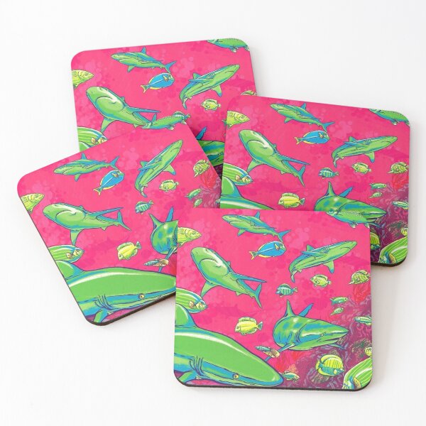 Item preview, Neon Green Sharks and Fish in a Pinky Red Sea designed and sold by WigOutlet.