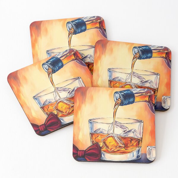 Item preview, Father's Day Fire and Elegance with Whiskey Pour Red Bow Tie and Ice Cube on a Vibrant Fiery Background designed and sold by OlfactoART Studio.