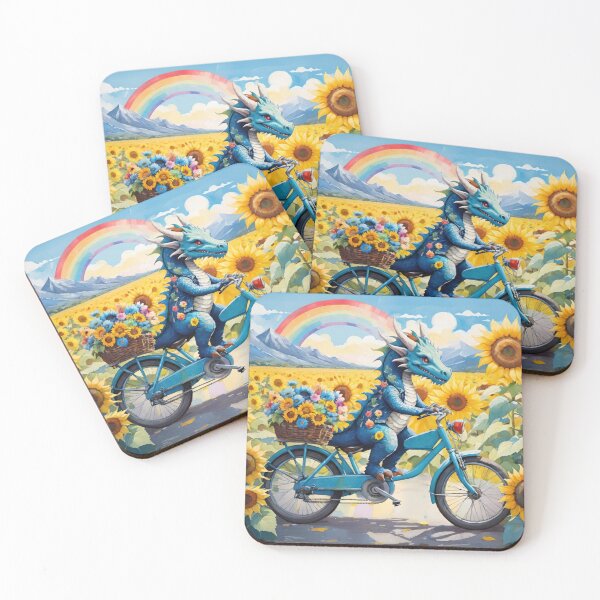 Item preview, Magical Dragon Riding A Cruiser Bike Through Sunflowers With Rainbow And Mountains In The Background designed and sold by CarrollGene.