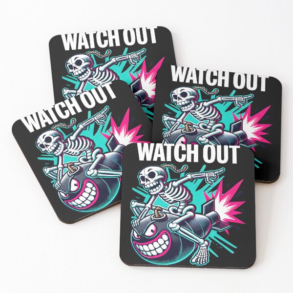 Item preview, Explosive Skeleton Riding Bomb Retro Comic Style Graphic with Watch Out Text for Bold Edgy Vibes designed and sold by DrawHandArt.