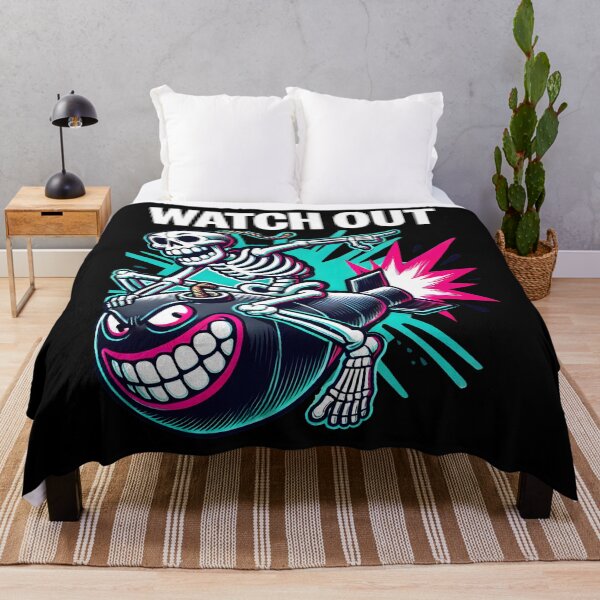 Item preview, Explosive Skeleton Riding Bomb Retro Comic Style Graphic with Watch Out Text for Bold Edgy Vibes designed and sold by DrawHandArt.