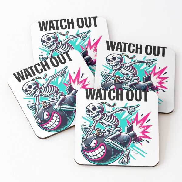 Item preview, Explosive Skeleton Riding Bomb Retro Comic Style Graphic with Watch Out Text for Bold Edgy Vibes designed and sold by DrawHandArt.