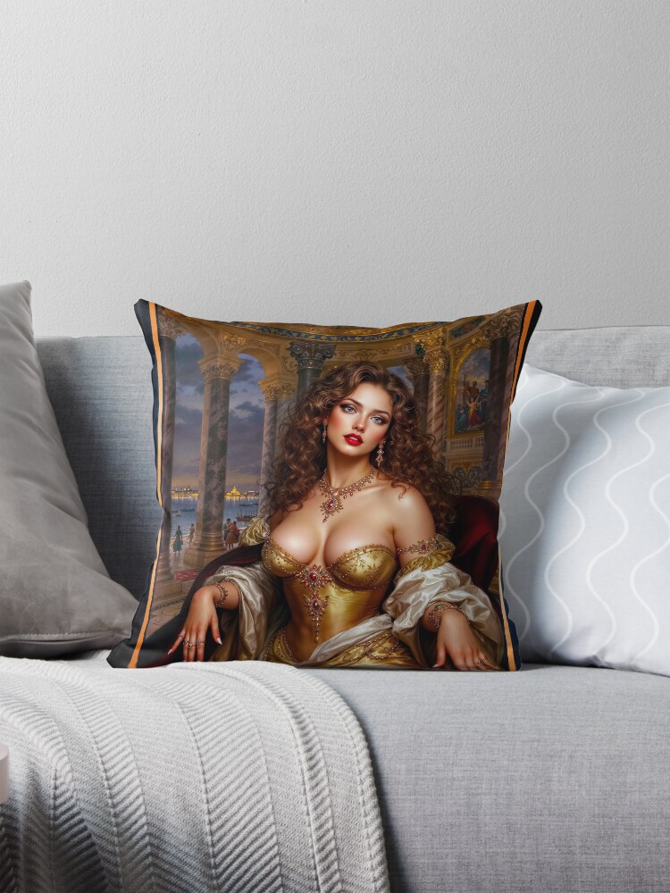 The Elegant Lucinda Dravelle Amidst Venetian Palazzo Splendor Striikng AI Concept Art by Xzendor7 Decorative Art Print Throw Pillow