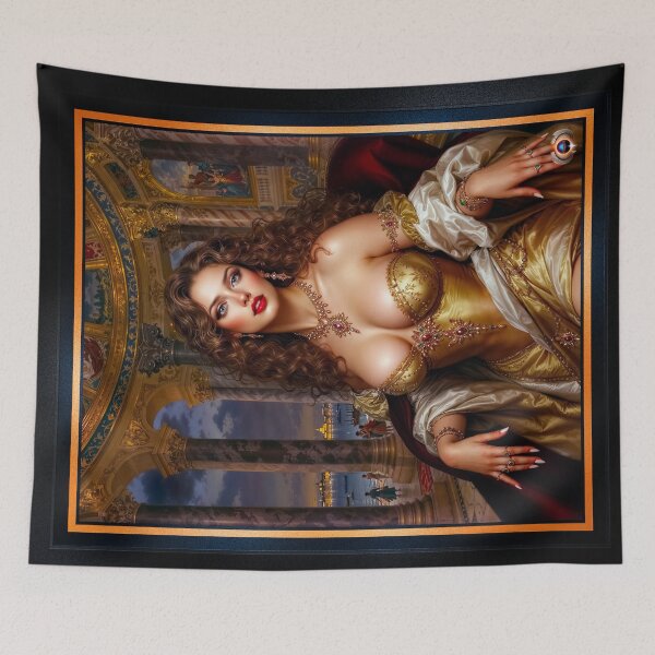 Item preview, The Elegant Lucinda Dravelle Amidst Venetian Palazzo Splendor Striking AI Concept Art by Xzendor7 designed and sold by Xzendor7 Digital Art Creations.
