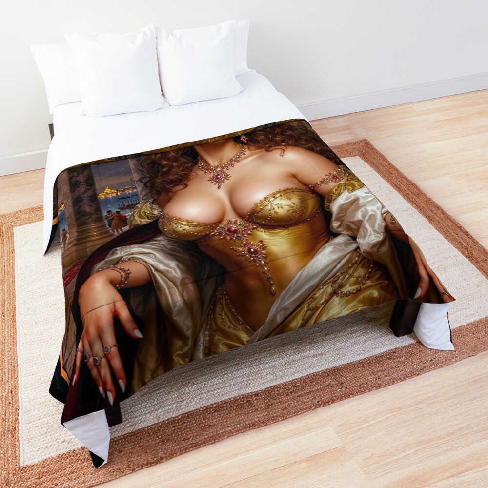 The Elegant Lucinda Dravelle Amidst Venetian Palazzo Splendor Striking AI Concept Art by Xzendor7 Decorative Art Print Comforter