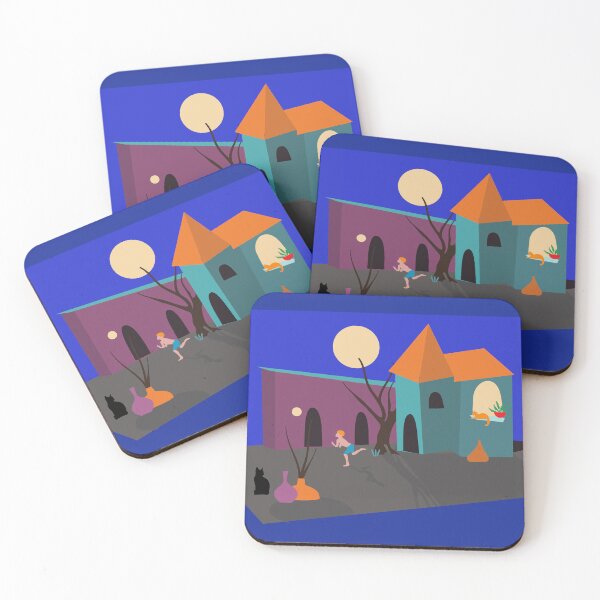 Item preview, Nighttime Scene with Boy playing ball and Cats Watching designed and sold by Anna Lemos.