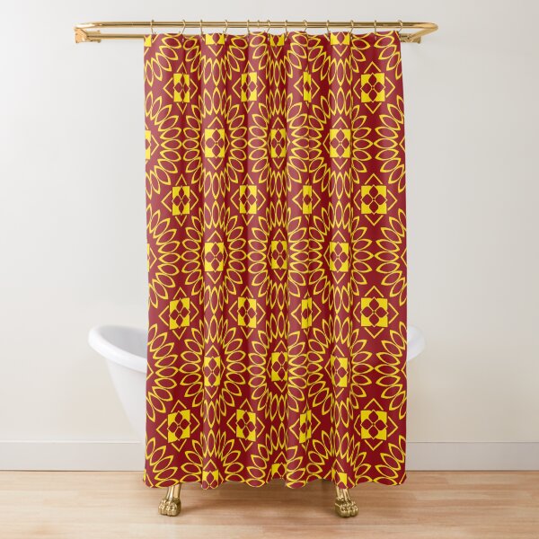 Item preview, Striking tribal pattern in glowing gold tones, layered with ikat floral design against a red garnet designed and sold by zephstudoartist.