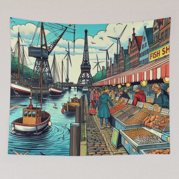 Item preview, Emden City with Traditional Market – Cozy Northern Germany Scene, an AI-Generated Design for City Lovers and Tourists designed and sold by knalpot-design.