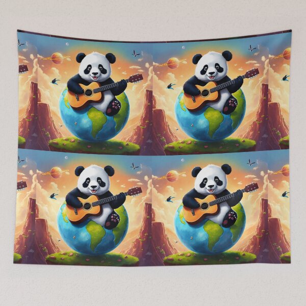 Item preview, A small panda sitting on top of the planet earth on a sunny day, playing a guitar. designed and sold by Shahid1234.