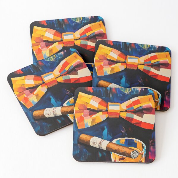 Item preview, Father's Day Style with Colorful Bowtie Cigar and Whisky Glass on a Bold Abstract Background designed and sold by OlfactoART Studio.