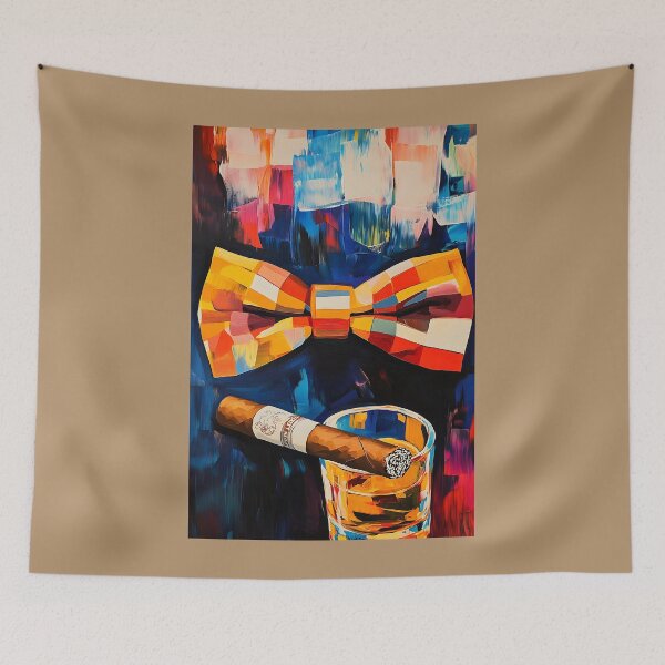 Item preview, Father's Day Style with Colorful Bowtie Cigar and Whisky Glass on a Bold Abstract Background designed and sold by OlfactoART Studio.