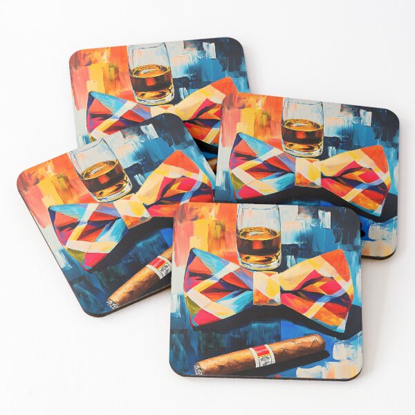 Item preview, Father's Day Indulgence with Colorful Bow Tie Cigar and Whiskey Glass on a Lush Abstract Canvas designed and sold by OlfactoART Studio.
