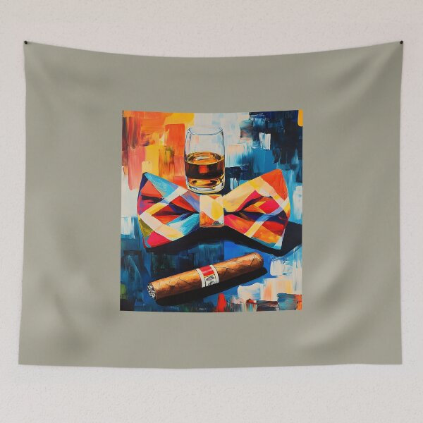 Item preview, Father's Day Indulgence with Colorful Bow Tie Cigar and Whiskey Glass on a Lush Abstract Canvas designed and sold by OlfactoART Studio.