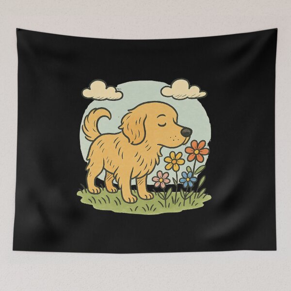 Item preview, Cute Golden Retriever Sniffing Flowers – Vintage Hand-Drawn Dog Meadow Art  designed and sold by Golden-Heaven.